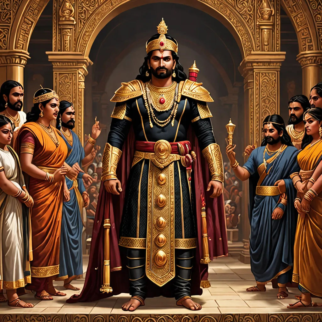a painting of a man in a golden outfit surrounded by other men in ancient greek costumes and holding torches, samikshavad, a detailed painting, Bholekar Srihari, official art