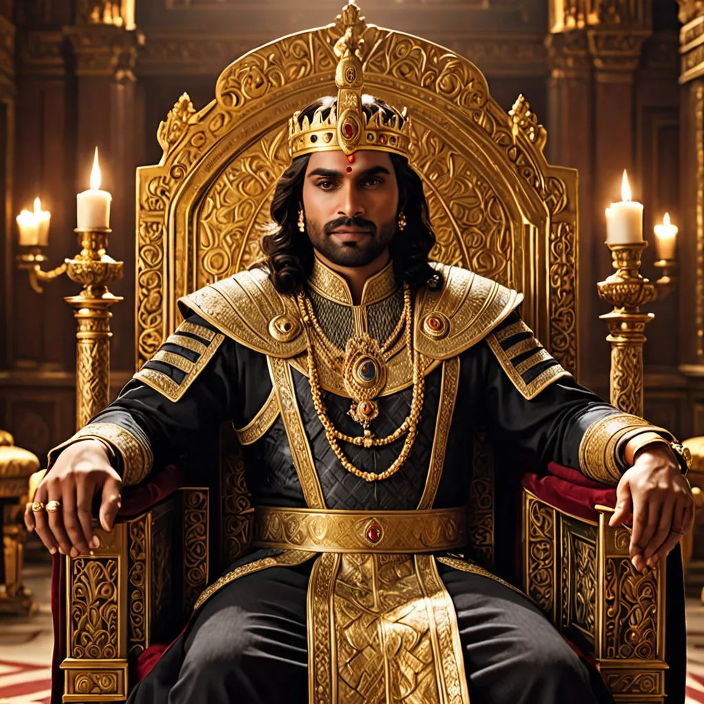 a man in a golden crown sitting on a throne with candles in the background and a red and white checkered floor, samikshavad, a character portrait, Altoon Sultan, promotional image