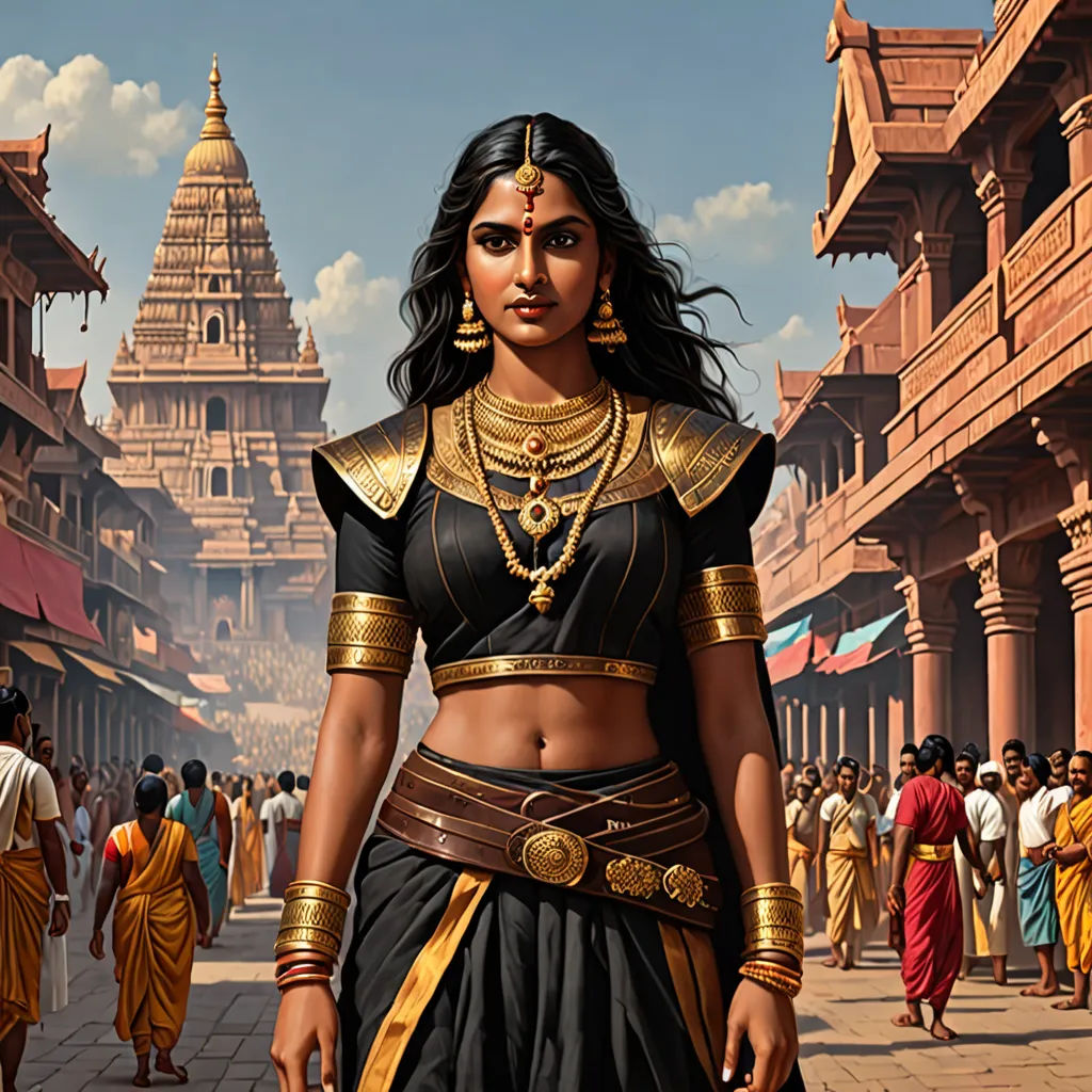 a woman in a black and gold outfit walking down a street with a crowd of people in the background, fantasy art, a detailed painting, Clint Cearley, magic the gathering artwork