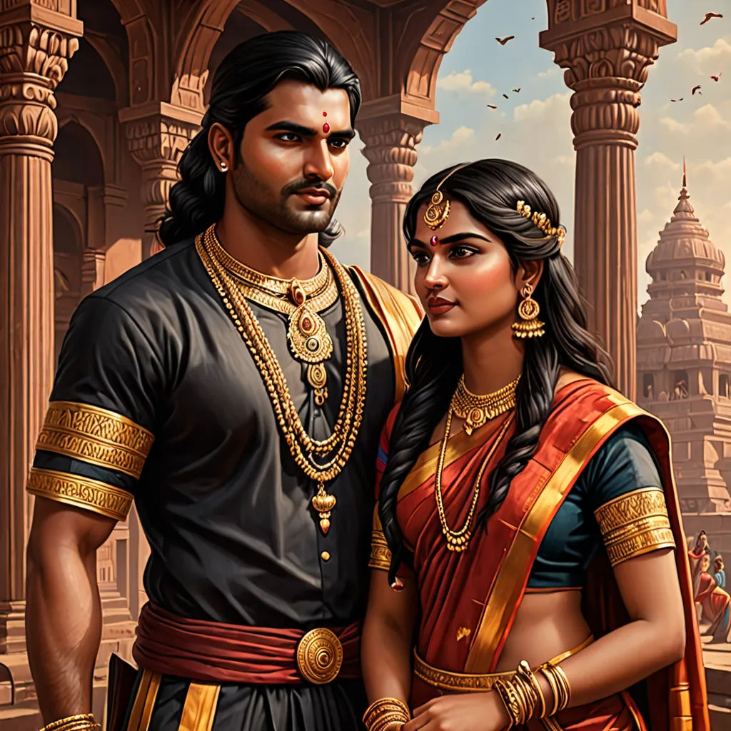 a man and woman dressed in indian garb standing next to each other in front of a temple with a bird flying overhead, samikshavad, a detailed painting, Bholekar Srihari, highly detailed digital painting
