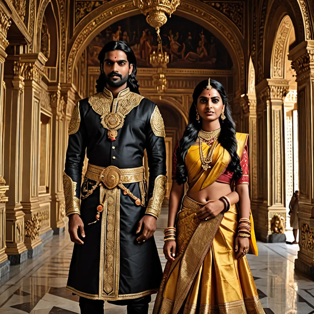 a man and woman dressed in indian attire standing in a hall with a gold and black outfit on and a gold and red outfit on, samikshavad, a detailed matte painting, Ella Guru, promotional image