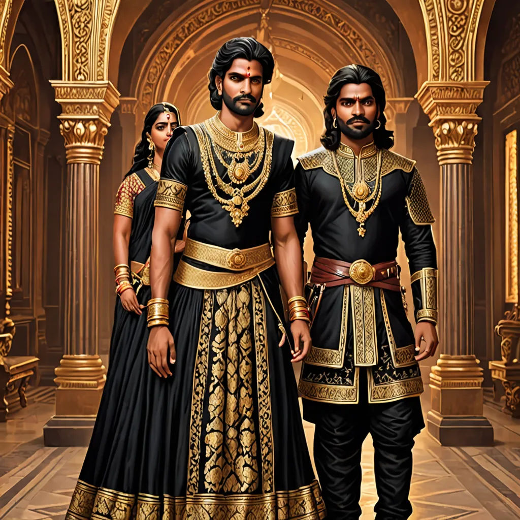 a couple of men in indian attire standing next to each other in a hallway with columns and arches in the background, samikshavad, a detailed matte painting, Altoon Sultan, official art