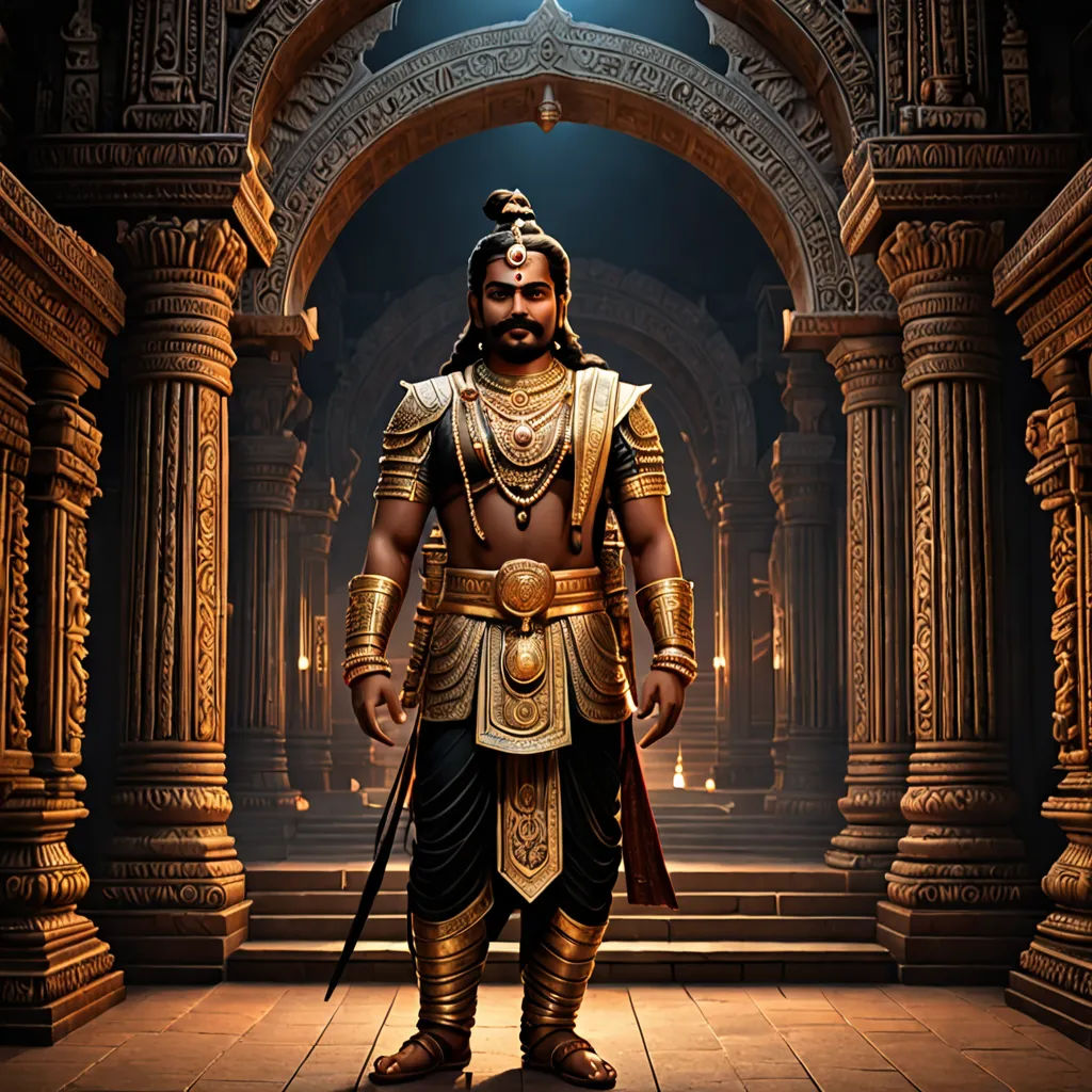 a man dressed in a golden outfit standing in a doorway with a sword in his hand and a helmet on his head, samikshavad, a detailed matte painting, Bholekar Srihari, promotional image