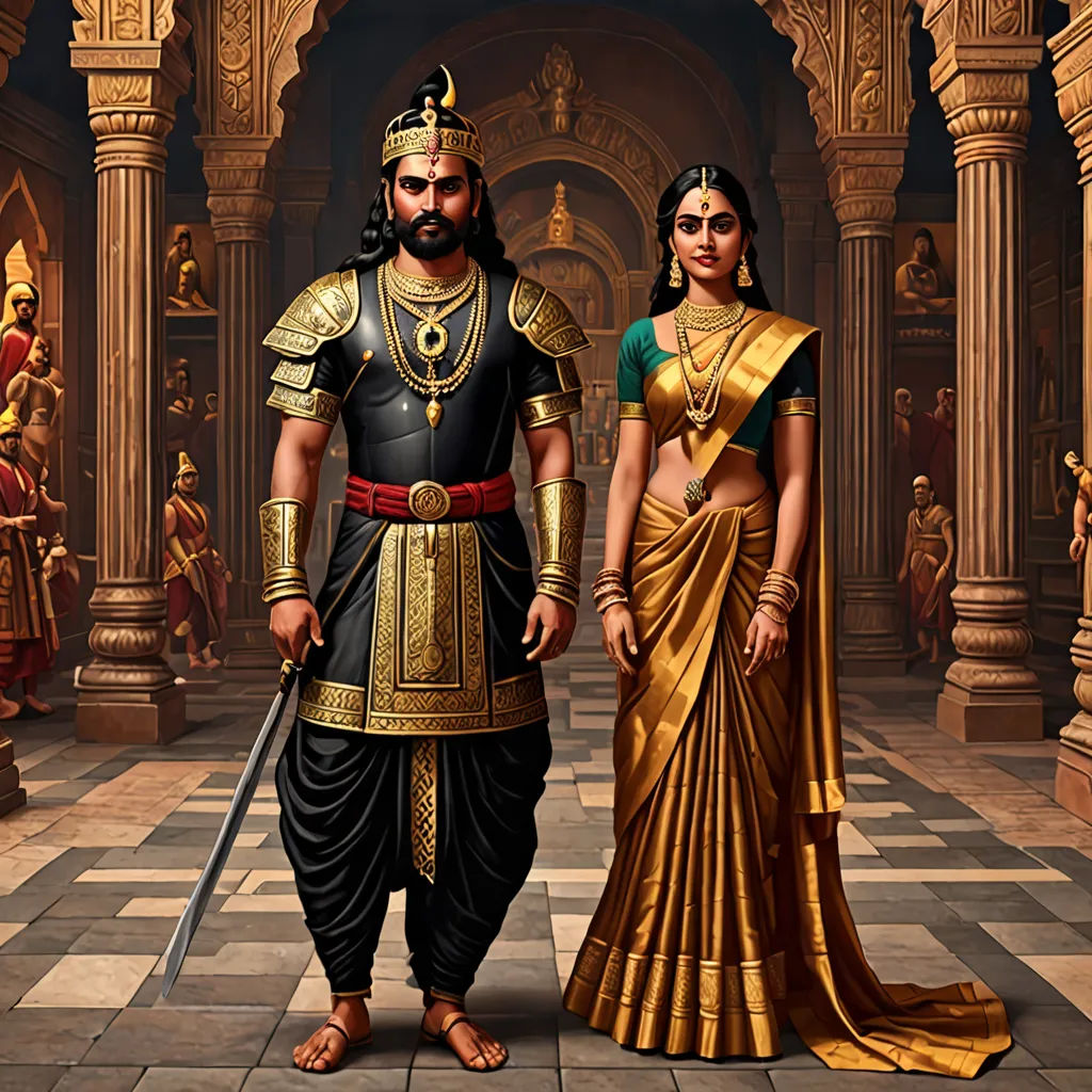 a man and woman dressed in ancient indian garb and holding swords in a palace setting with statues in the background, bengal school of art, a detailed matte painting, Bholekar Srihari, promotional image