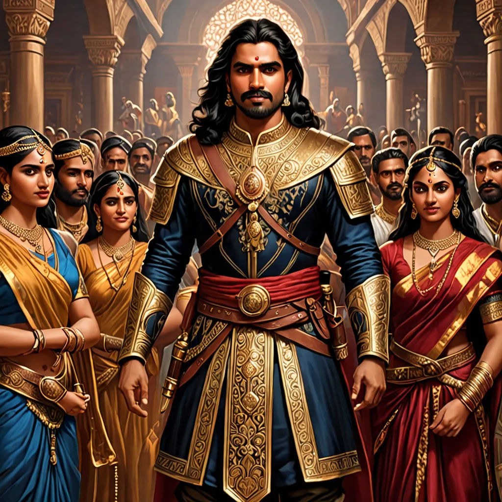 a painting of a man in a roman costume surrounded by other people in a palace setting, with a sword in his hand, samikshavad, a detailed painting, Bholekar Srihari, official art