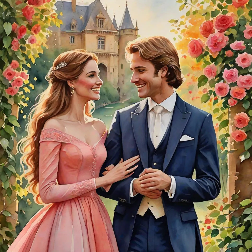 a painting of a man and woman in formal wear standing in front of a rose covered archway with roses, fantasy art, a detailed painting, Colin Middleton, extremely detailed oil painting