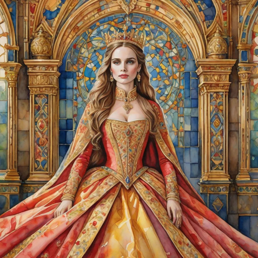 a painting of a woman in a red and gold dress with a gold crown on her head and a blue background, fantasy art, a detailed painting, Donato Giancola, highly detailed oil painting