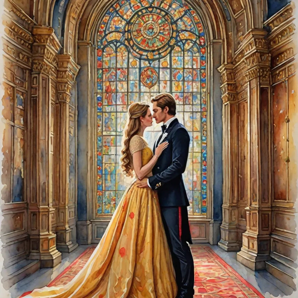 a painting of a couple in front of a stained glass window in a castle like setting with a red carpet, figurative art, a detailed painting, Anne Stokes, highly detailed oil painting