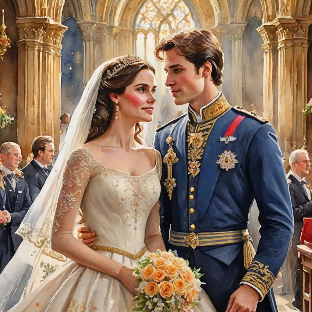 a painting of a couple in wedding attire standing in front of a church alter with a priest in uniform, sots art, a detailed painting, Anne Stokes, extremely detailed oil painting