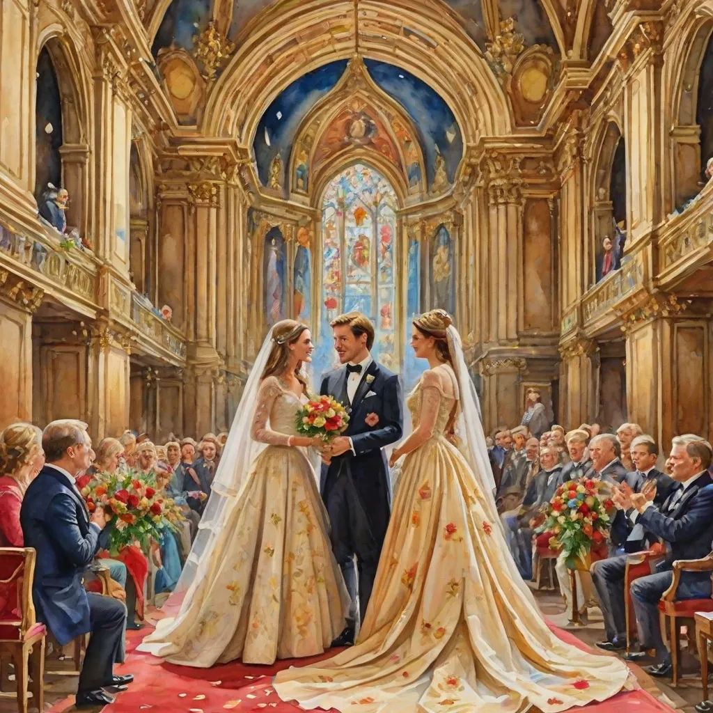 a painting of a bride and groom in a church with a priest and bridesmaid in the background, figurative art, a detailed painting, Donato Giancola, highly detailed oil painting