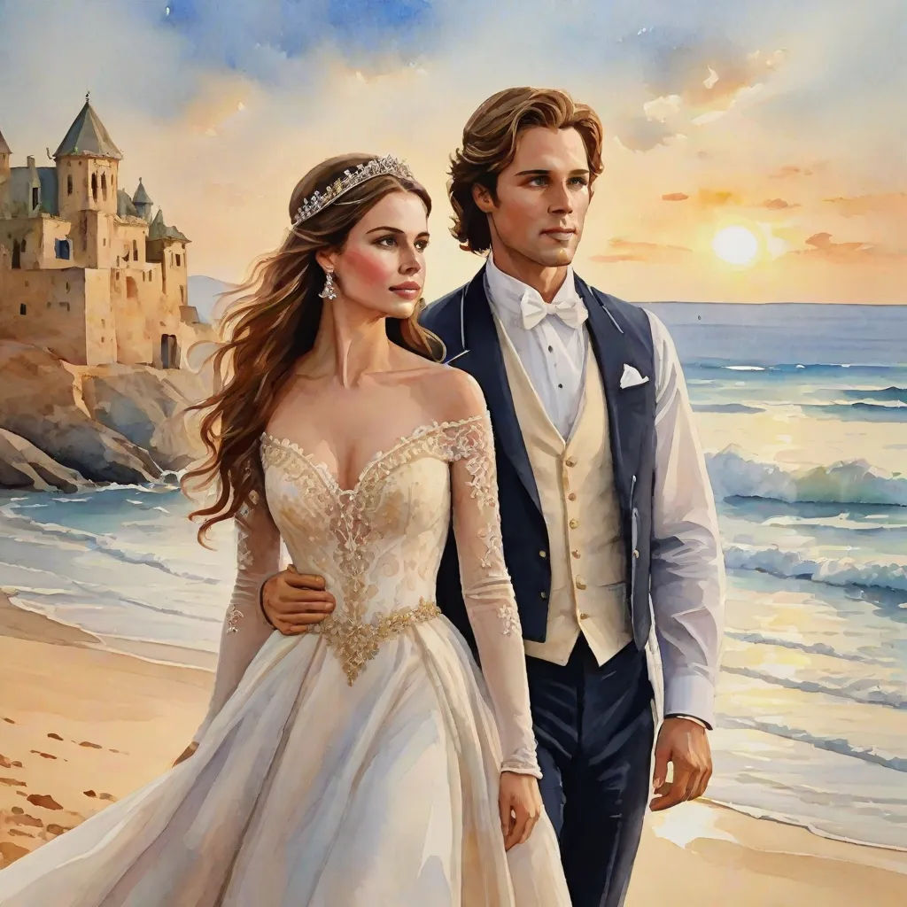 a painting of a man and woman walking on the beach together, with a castle in the background and a sunset in the sky, fantasy art, a detailed painting, Anne Stokes, extremely detailed oil painting
