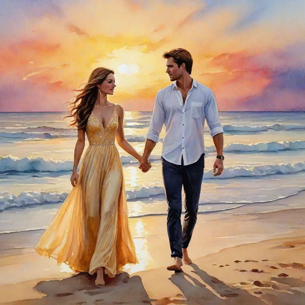 a painting of a couple walking on the beach holding hands and holding hands with the sun setting in the background, figurative art, a fine art painting, Eric Zener, intricate oil painting