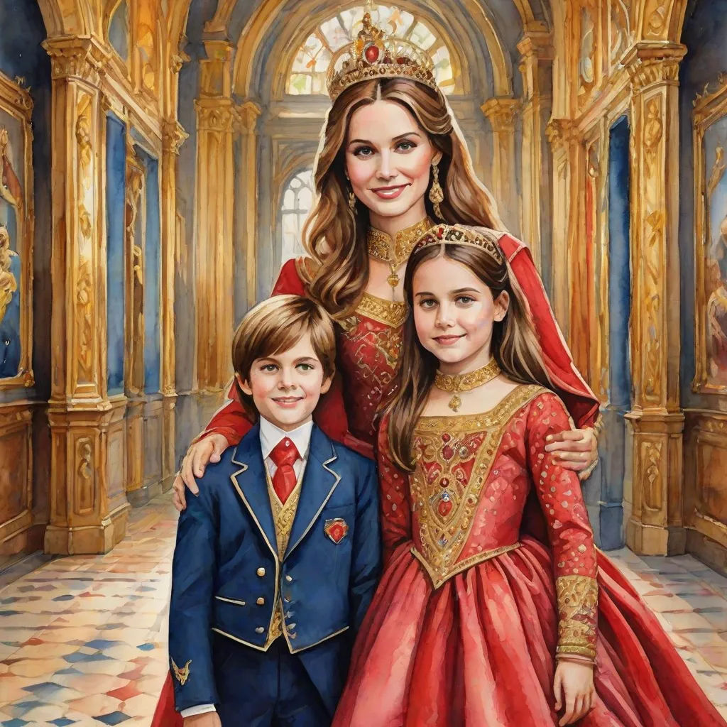 a painting of a mother and her two children in a palace setting with a red dress and a gold crown, sots art, a storybook illustration, Elizabeth Forbes, official art