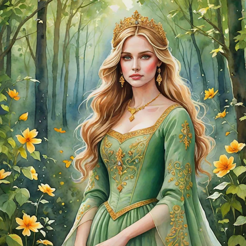 a painting of a woman in a green dress in a forest with flowers and butterflies around her, with a crown on her head, fantasy art, a detailed painting, Anne Stokes, detailed painting