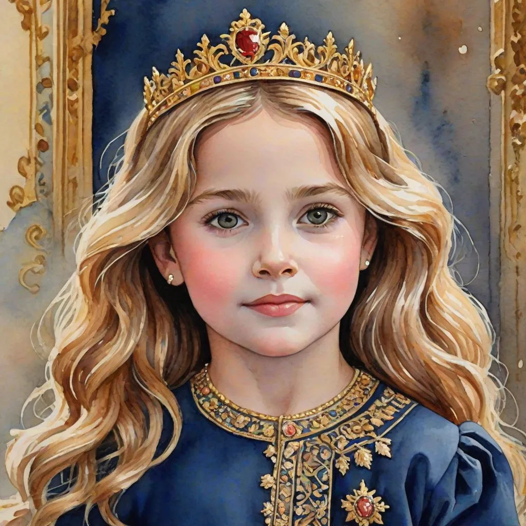 a painting of a little girl wearing a tiara and a blue dress with gold trims and a red jewel, figurative art, a detailed painting, Caroline Lucy Scott, highly detailed oil painting