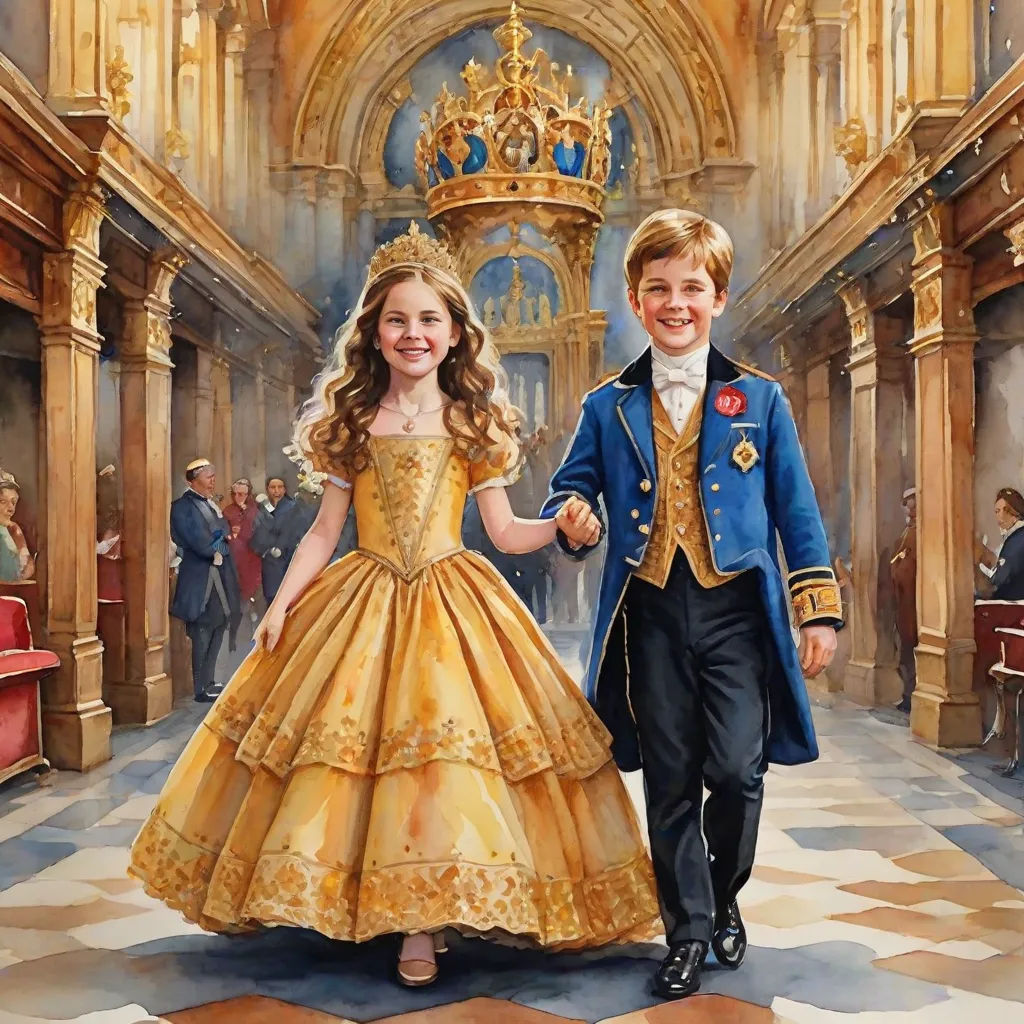a painting of a boy and girl in a fancy dress holding hands and walking down a hall with a gold and blue dress, figurative art, a detailed painting, Bob Byerley, highly detailed oil painting