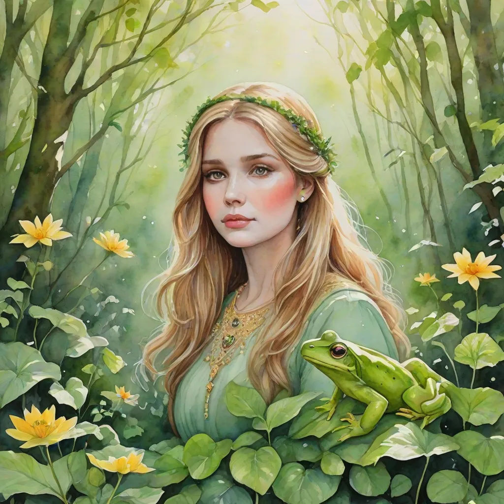 a painting of a woman with a frog in a forest with flowers and leaves around her head and a green dress, fantasy art, a detailed painting, Donato Giancola, detailed painting