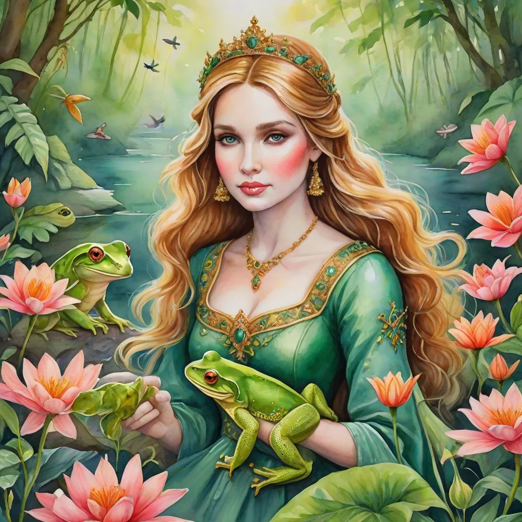 a painting of a woman holding a frog in a forest with flowers and butterflies around her and a frog on her arm, fantasy art, a detailed painting, Anne Stokes, detailed painting