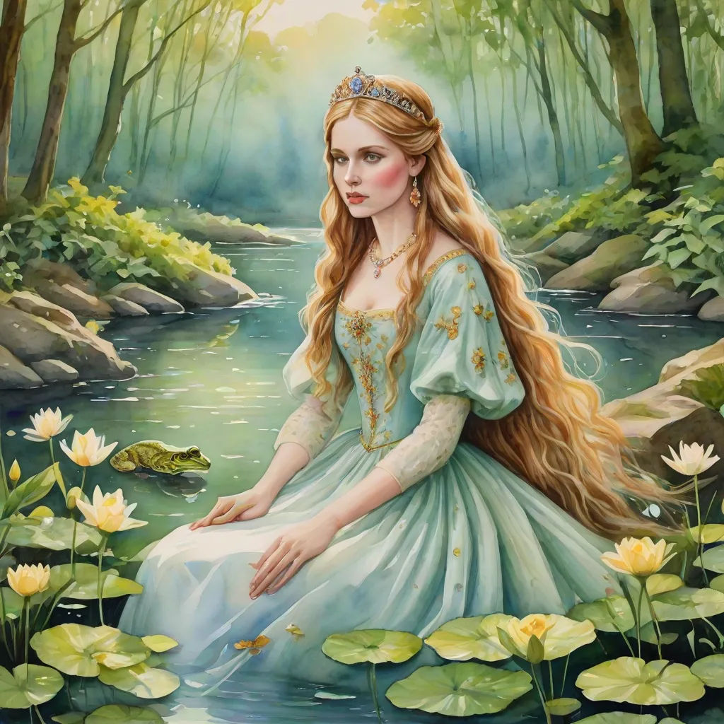 a painting of a woman in a blue dress sitting on a rock in a forest with lily pads and a frog, fantasy art, a detailed painting, Anne Stokes, detailed painting