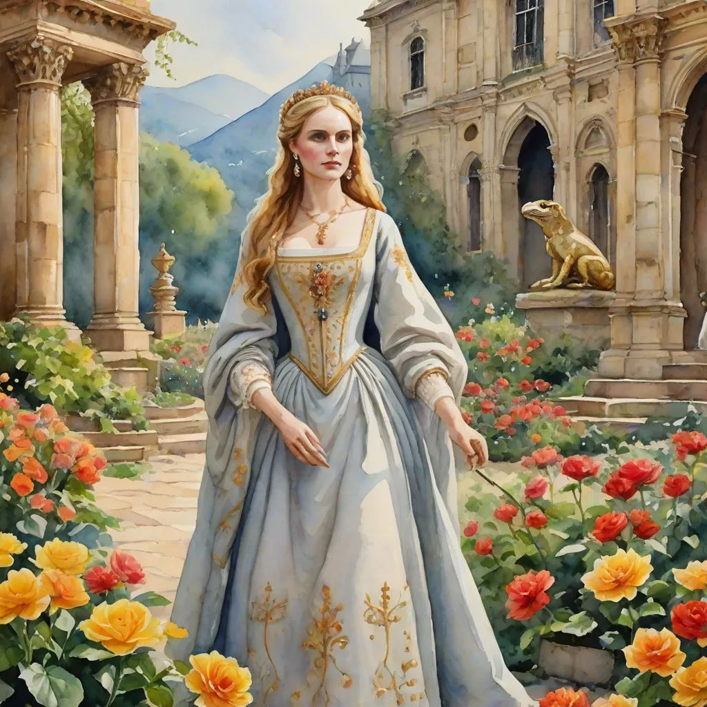 a painting of a woman in a dress standing in a garden with flowers and a dog in the background, fantasy art, a detailed painting, Anne Stokes, detailed painting
