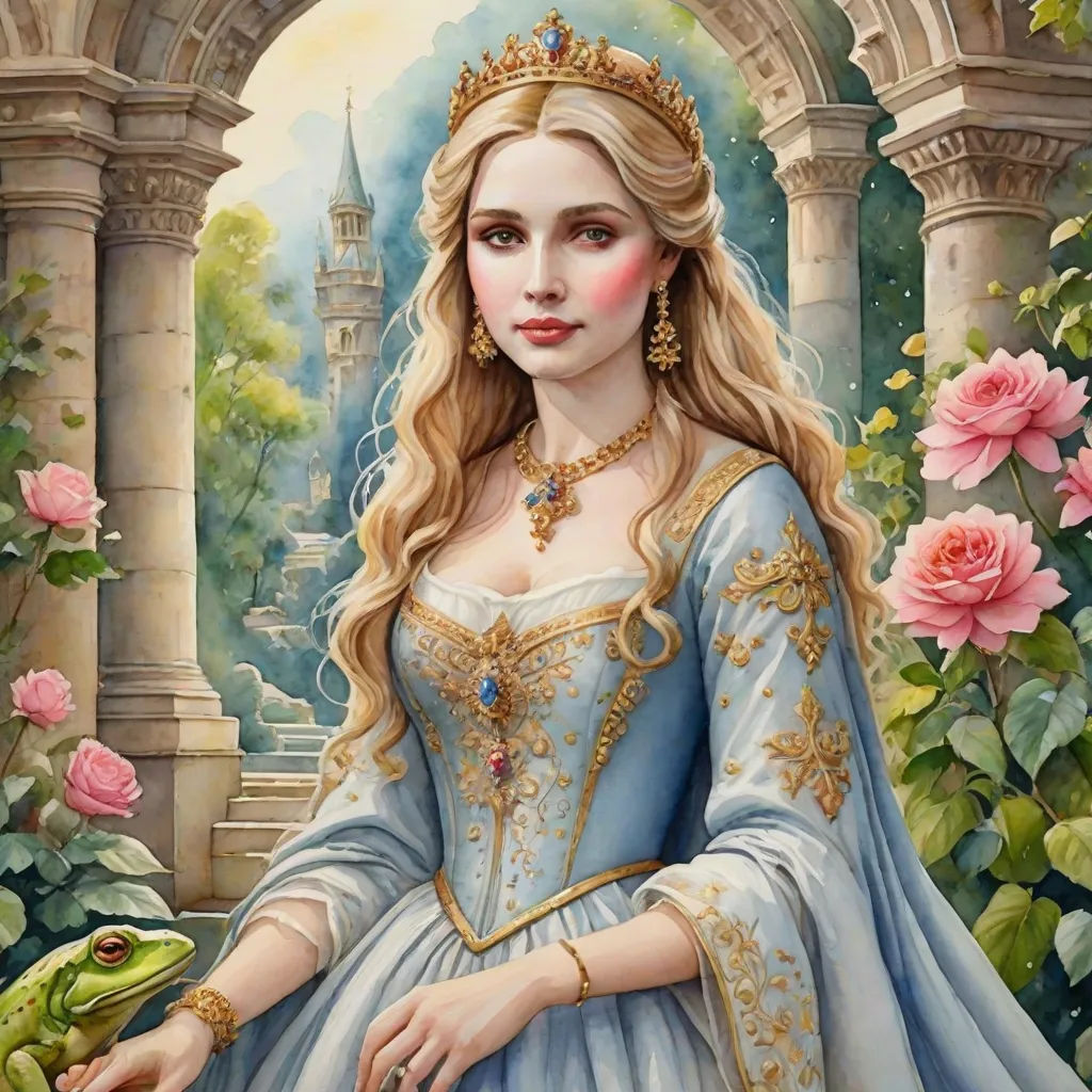 a painting of a woman in a blue dress with a frog in her hand and a rose in her hand, fantasy art, a detailed painting, Anne Stokes, detailed painting