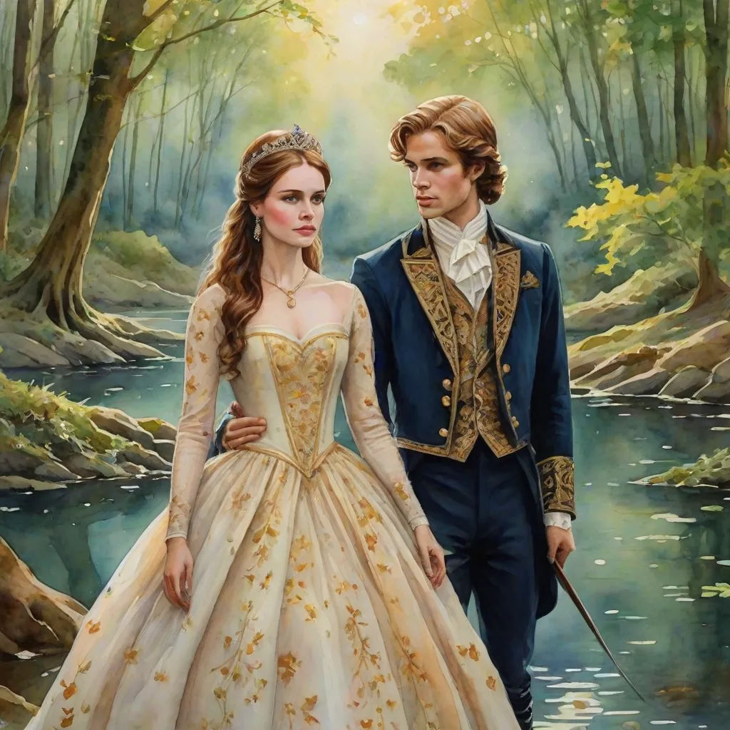a painting of a man and woman in formal dress walking through a forest together, with a river running through them, fantasy art, a fine art painting, Anne Stokes, extremely detailed oil painting