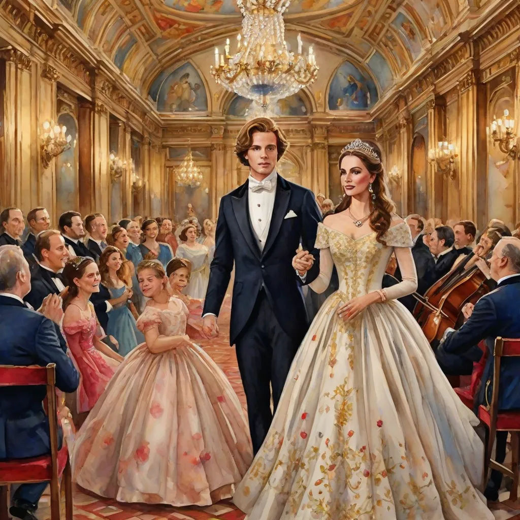 a painting of a man and woman in formal wear walking through a ballroom with a crowd of people in formal wear, fantastic realism, a detailed painting, Florence Engelbach, official art