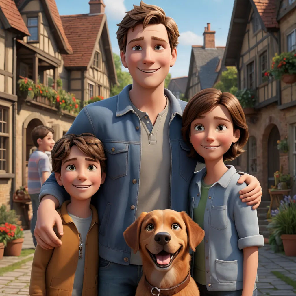 a family of three standing in front of a house with a dog on the ground in front of them, photorealism, a poster, disney, promotional image