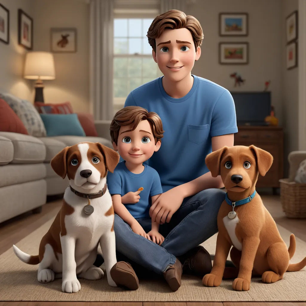 a man and two dogs sitting on the floor in front of a couch in a living room with a couch and a lamp, photorealism, a stock photo, Chris LaBrooy, promotional image