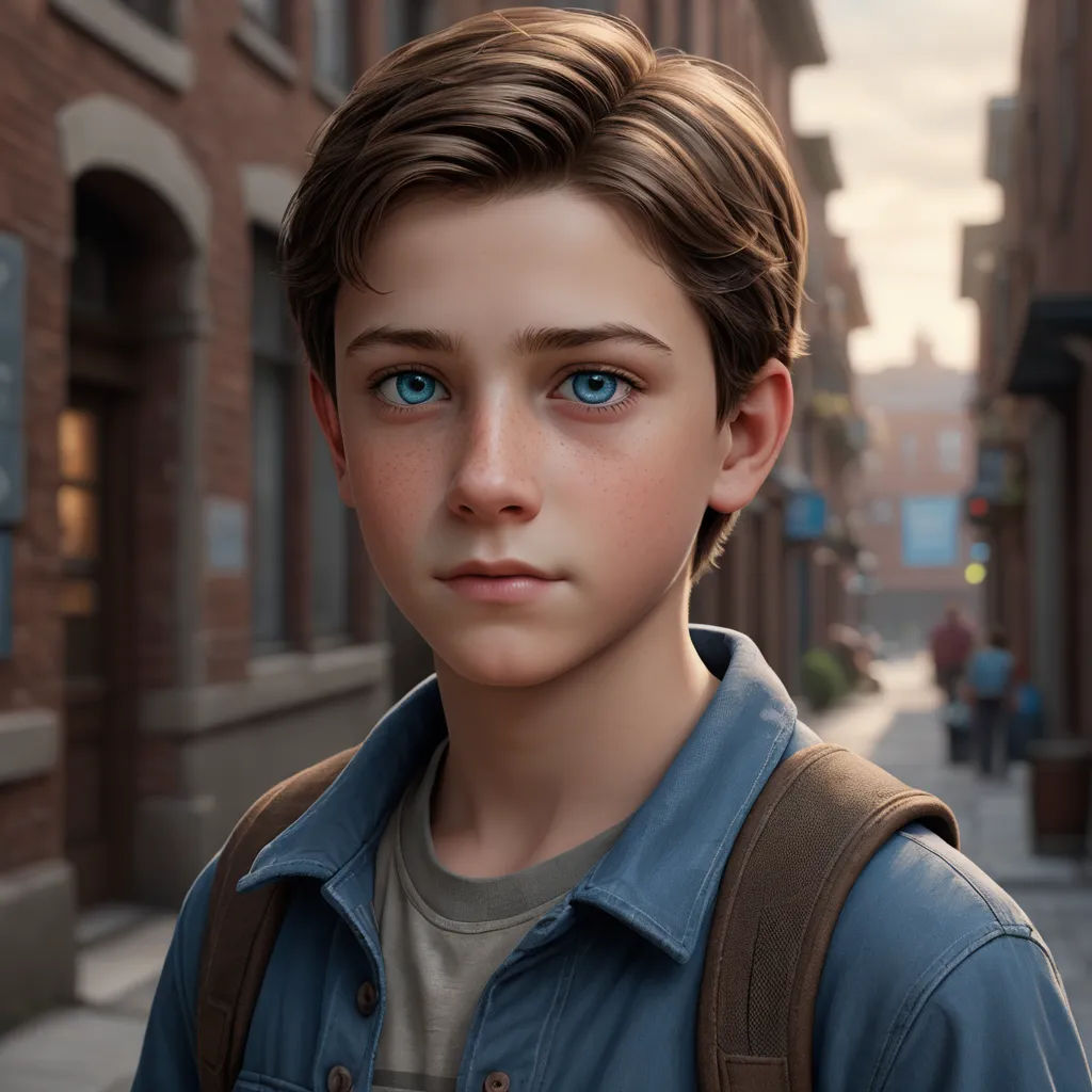 a boy with a backpack on a city street with a building in the background and a street sign in the foreground, photorealism, a character portrait, Clint Cearley, cgstudio