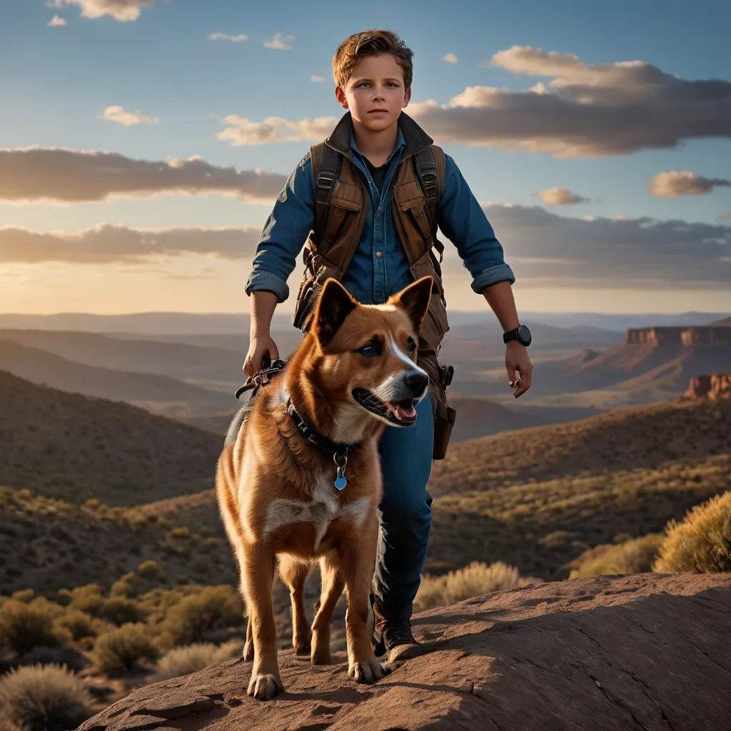 a man walking a dog on a rocky cliff with a beautiful view in the background at sunset or dawn, photorealism, a poster, Cliff Childs, promotional image