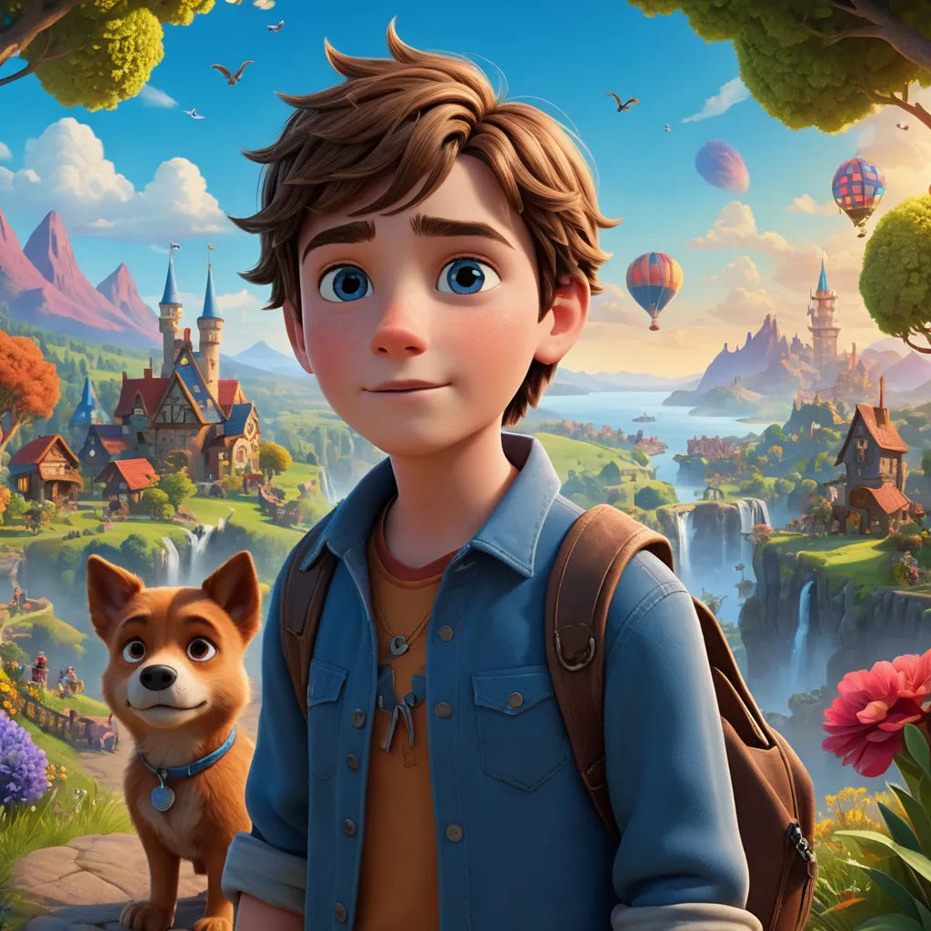 a boy and a dog are standing in front of a scenic background of a town and a lake with hot air balloons, sots art, poster art, Chris LaBrooy, promotional image