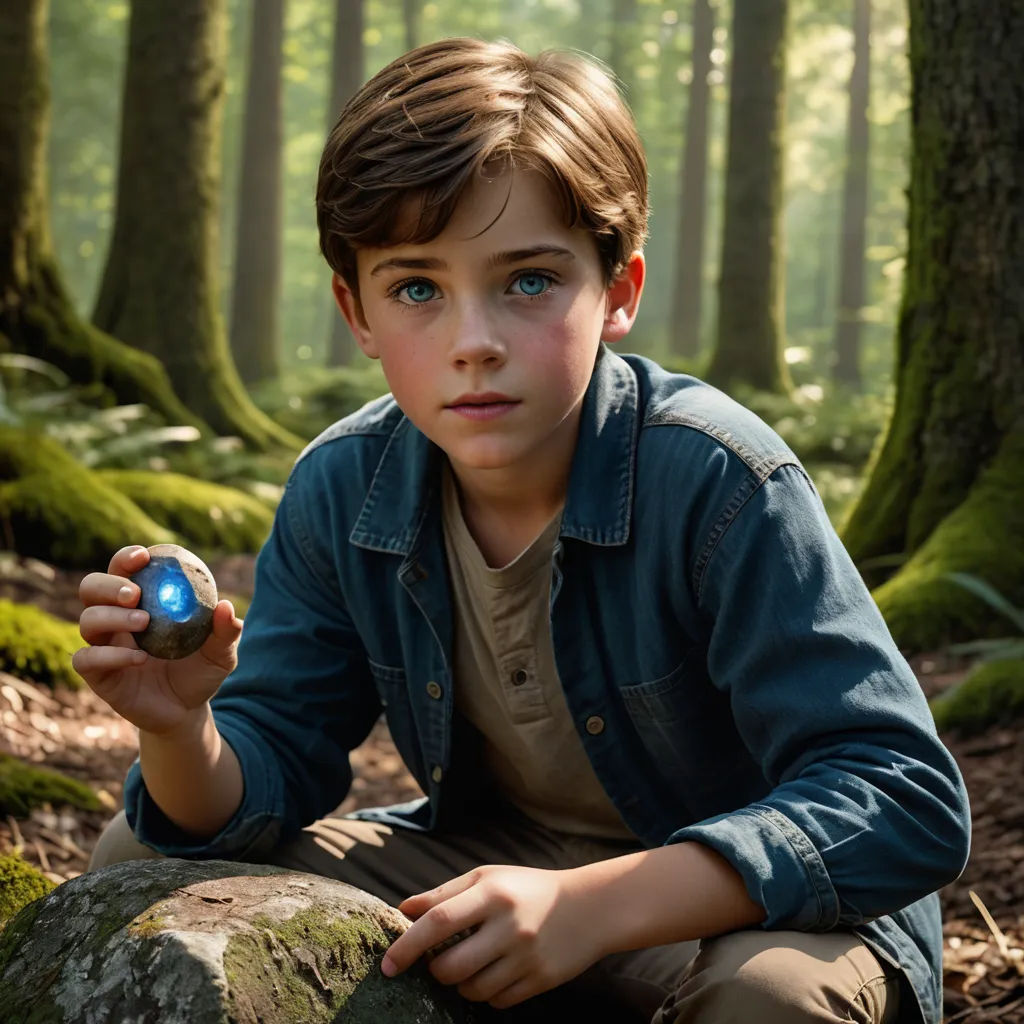 a boy sitting on a rock in the woods holding a blue ball in his hand and looking at the camera, symbolism, a hologram, Adam Rex, promotional image