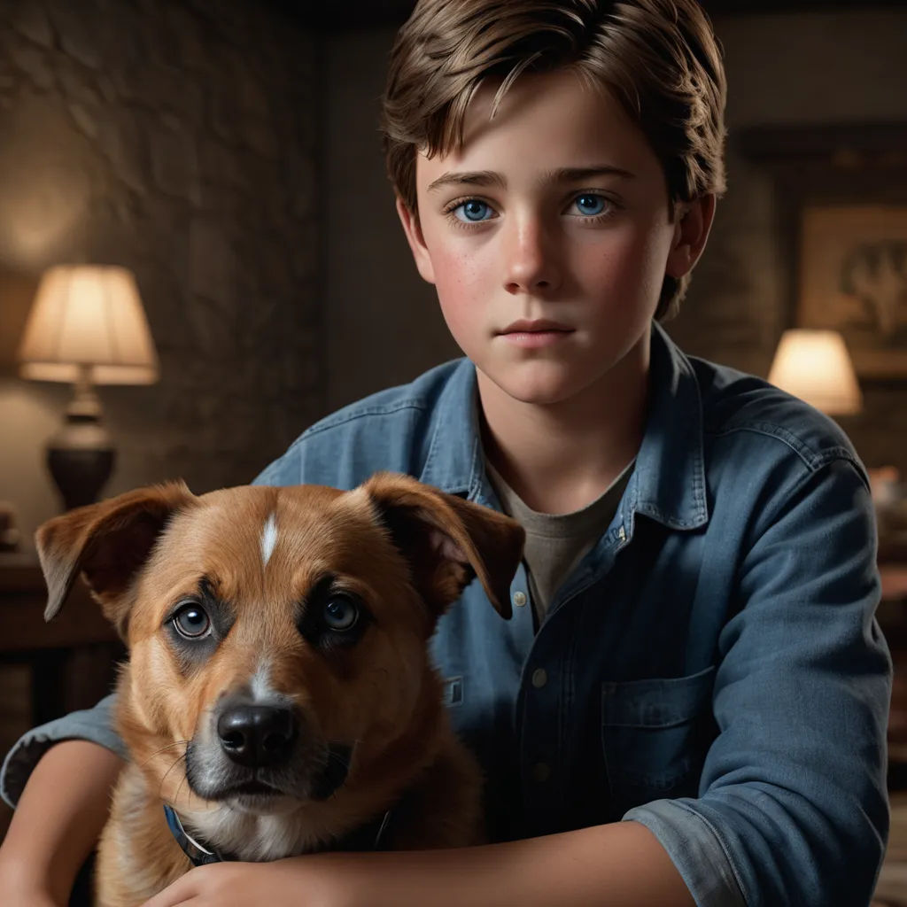 a boy and his dog are posing for a picture together in a living room with lamps on the walls, photorealism, a photorealistic painting, Bob Byerley, promotional image