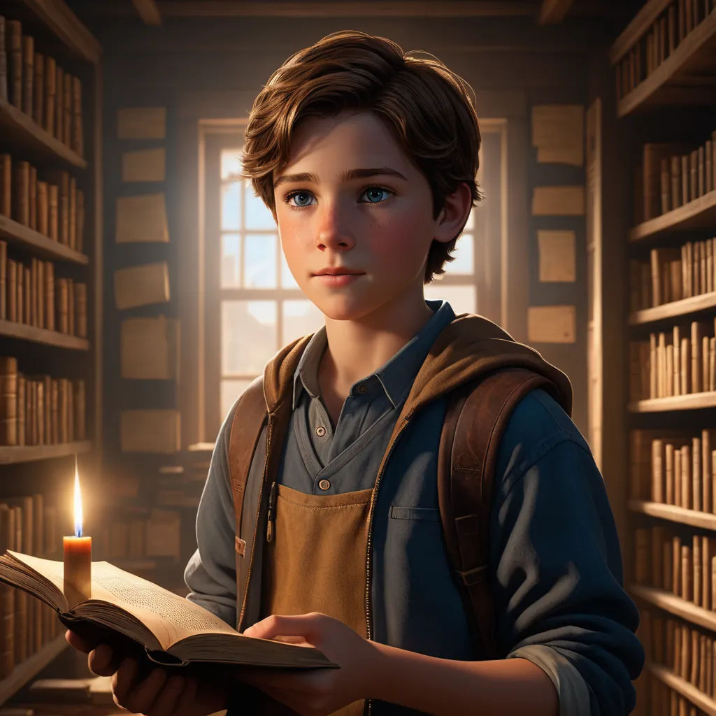 a boy holding a book and a candle in a library with bookshelves in the background and a window, photorealism, a character portrait, Clint Cearley, unreal engine highly rendered