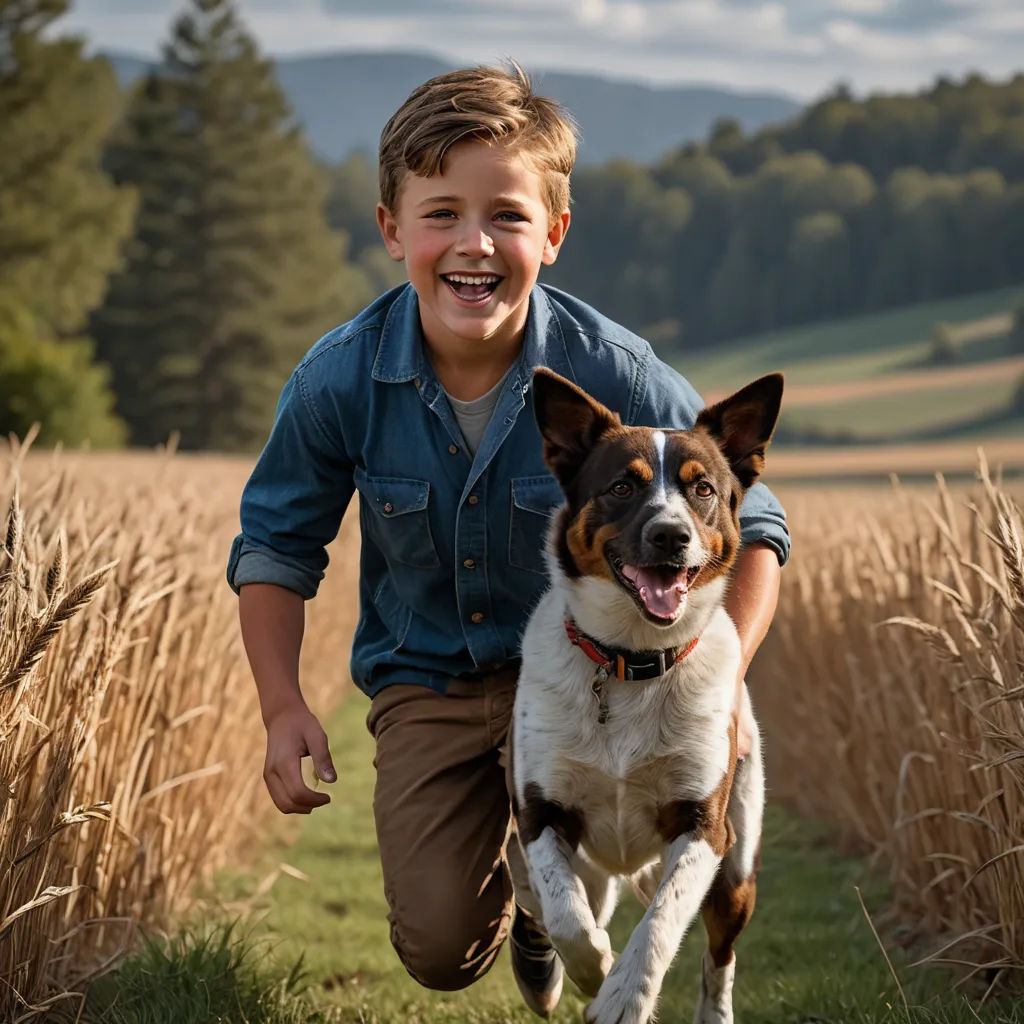a boy is running with a dog in a field of grass and trees in the background, with a mountain in the distance, arbeitsrat für kunst, a stock photo, Elke Vogelsang, animal photography