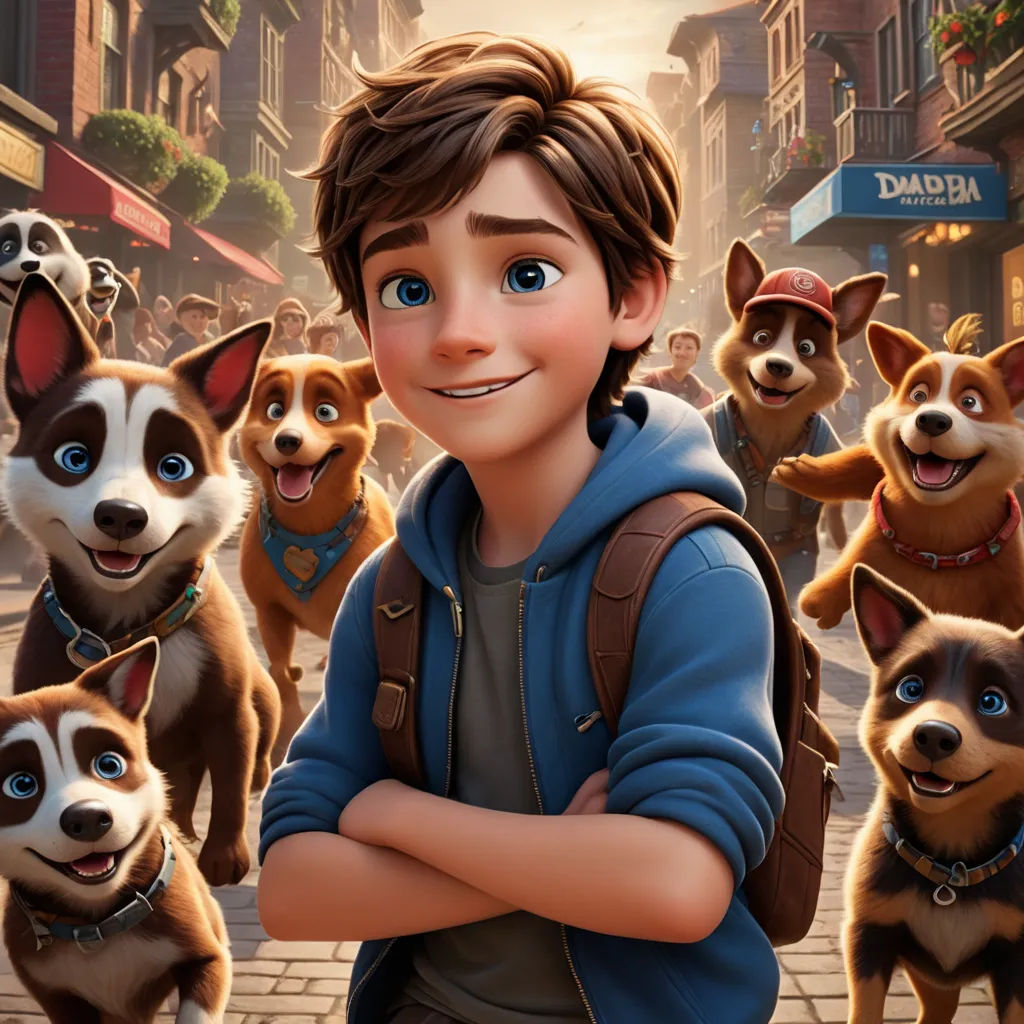 a boy is standing in front of a group of dogs in a movie poster for the movie the secret life of pets, furry art, a poster, disney, key art