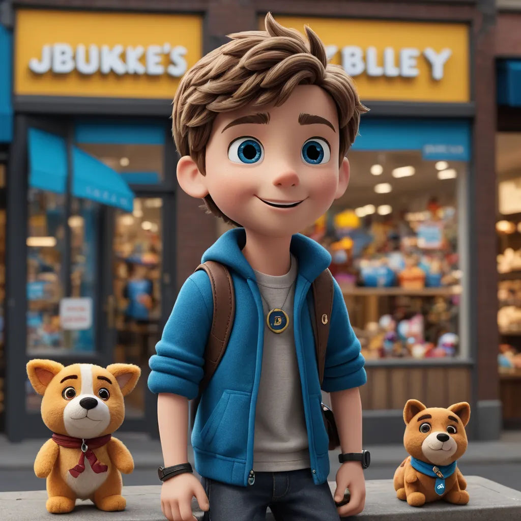 a boy and a dog are standing in front of a store front with a sign that says, juke's jelly, furry art, a character portrait, Chris LaBrooy, promotional image