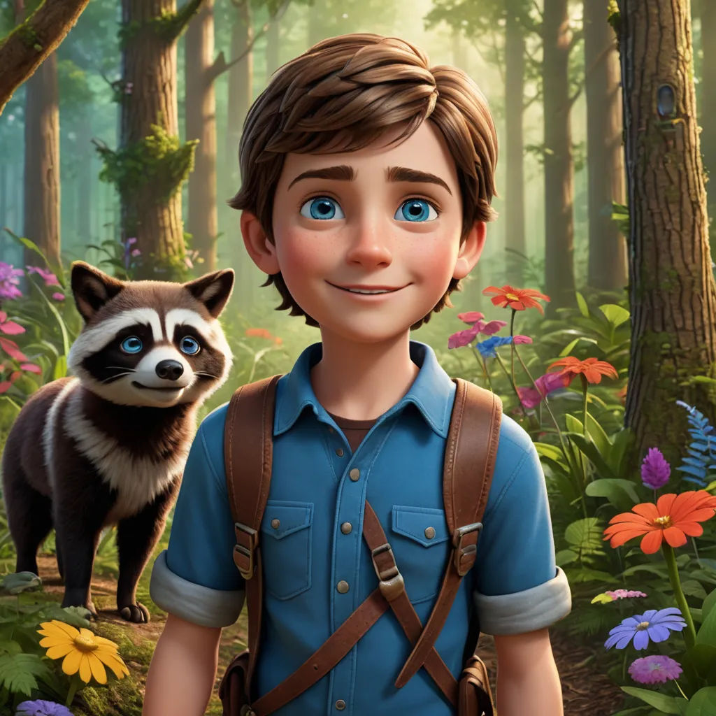 a boy in a forest with a raccoon on his shoulder and a forest background with flowers and trees, sots art, a character portrait, Aaron Jasinski, promotional image