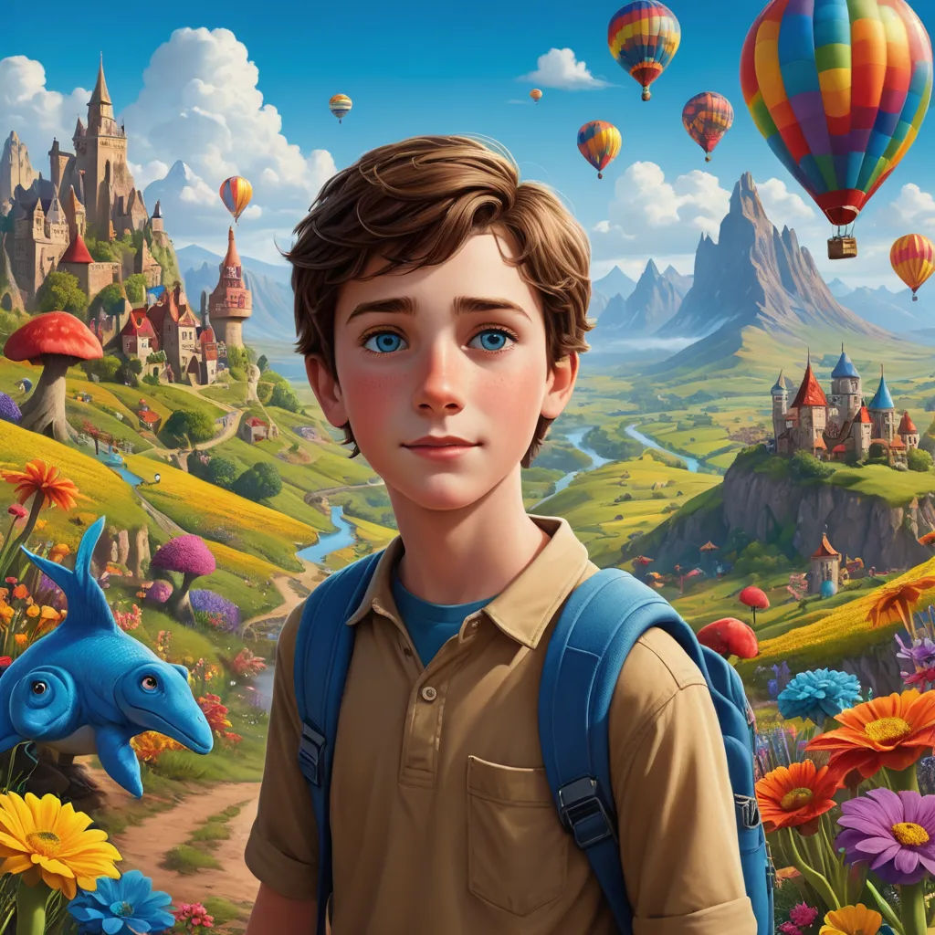 a boy with a backpack standing in a field of flowers and balloons in the sky with a castle in the background, magic realism, poster art, Aaron Jasinski, promotional image
