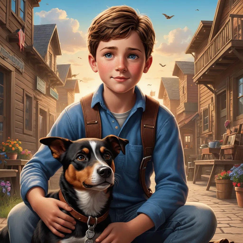 a boy sitting on a step with a dog in his lap and a bird flying overhead in the background, american scene painting, poster art, Aaron Jasinski, kinkade