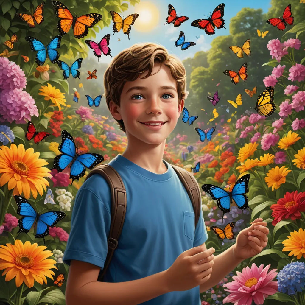 a boy with a backpack standing in a field of flowers and butterflies with a butterfly in his hand and a butterfly in his hand, magical realism, a storybook illustration, Barclay Shaw, promotional image