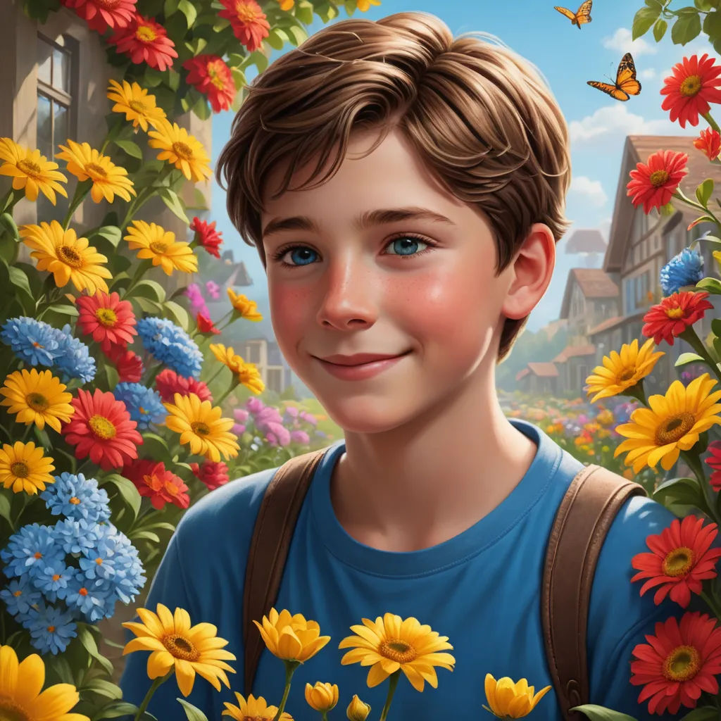 a painting of a boy in a blue shirt and a bunch of flowers in front of him and a butterfly flying over him, photorealism, a storybook illustration, Aaron Jasinski, kinkade
