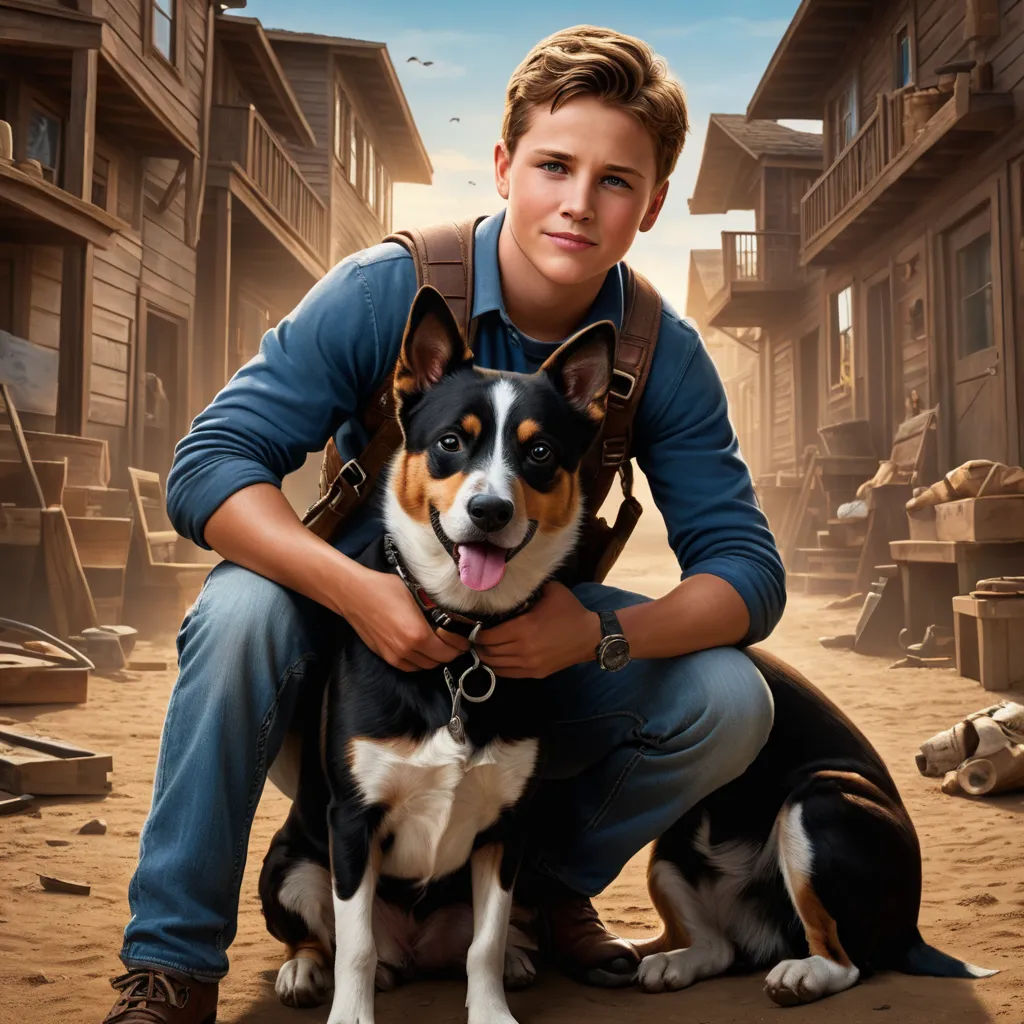 a man kneeling down next to a dog on a dirt ground with buildings in the background and a sky background, rayonism, poster art, Charles Fremont Conner, promotional image