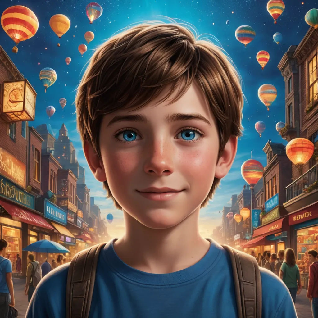 a boy with a backpack looking at the camera with a sky full of balloons in the background and a city street, magical realism, poster art, Aaron Jasinski, rossdraws global illumination