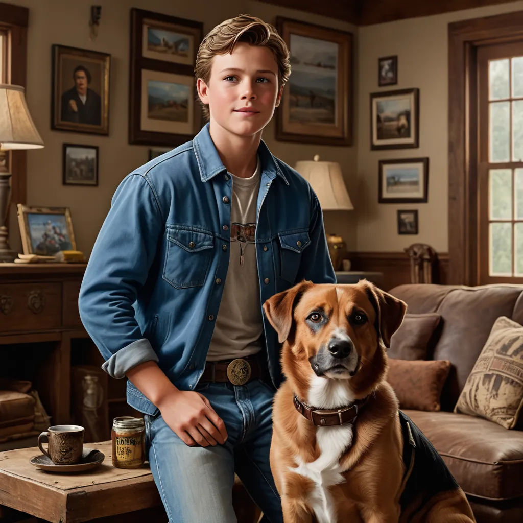 a man sitting on a couch next to a dog in a living room with a couch and a table, american scene painting, a photorealistic painting, Evan Charlton, promotional image