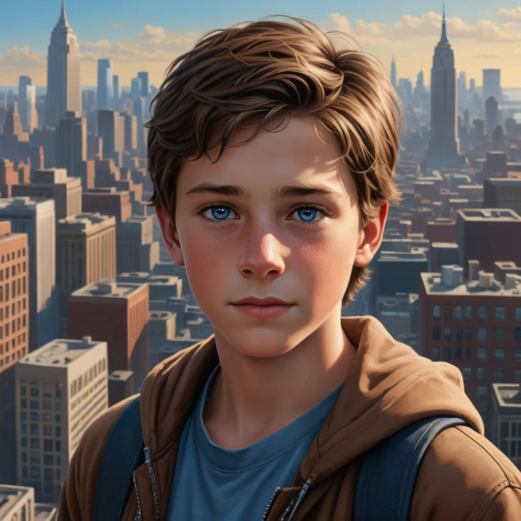 a boy in a brown jacket is standing in front of a cityscape with a skyscrapers in the background, photorealism, a hyperrealistic painting, Aaron Jasinski, stanley artgerm lau