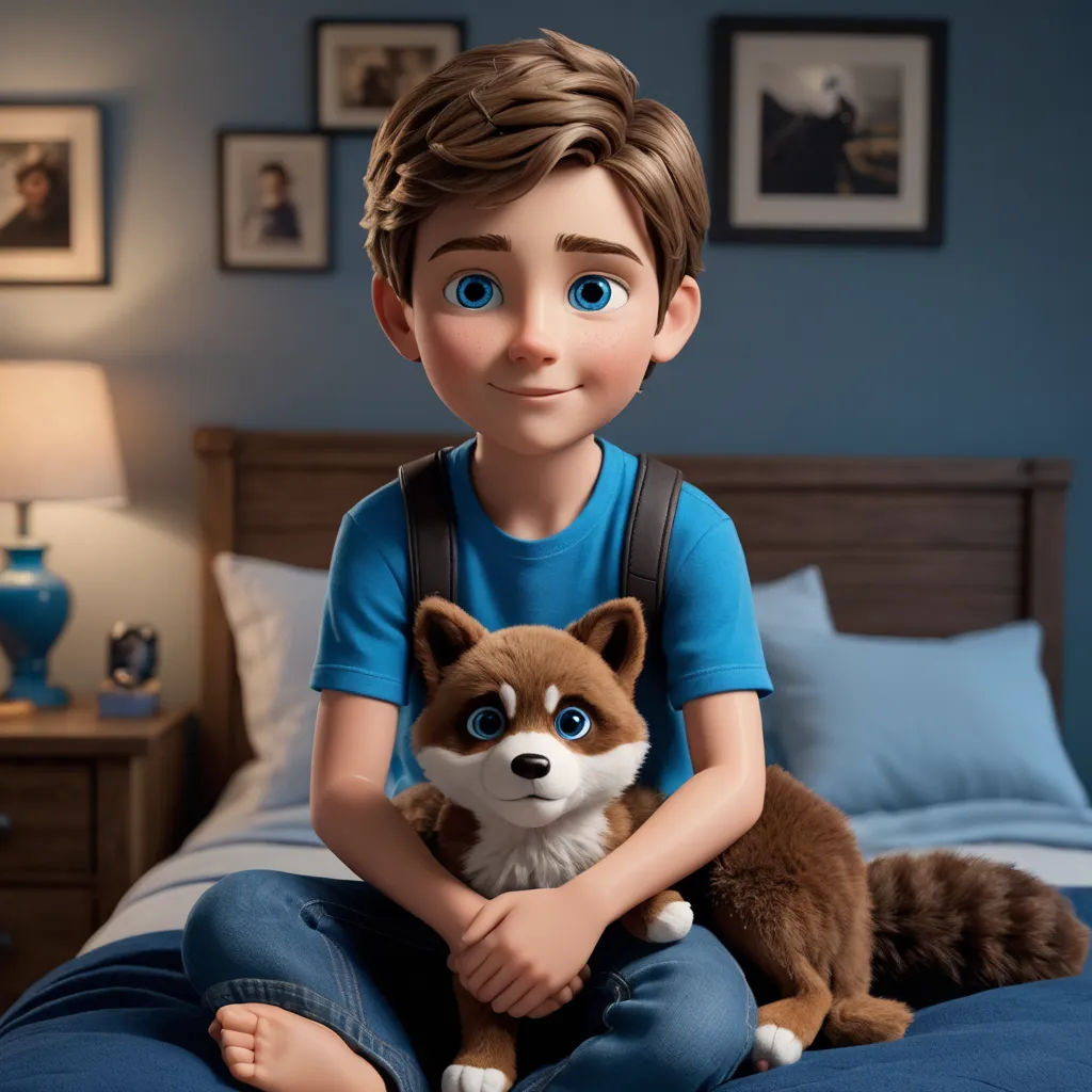 a boy sitting on a bed holding a stuffed animal dog in his arms and smiling at the camera with a blue wall behind him, furry art, a character portrait, Aaron Bohrod, promotional image