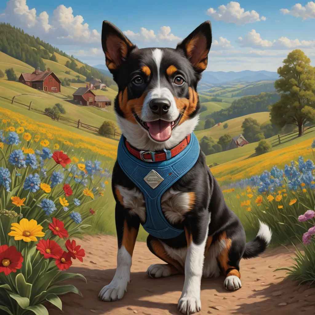 a painting of a dog sitting in a field of flowers with a house in the background and a blue sky, american scene painting, a storybook illustration, Chris LaBrooy, professional digital painting