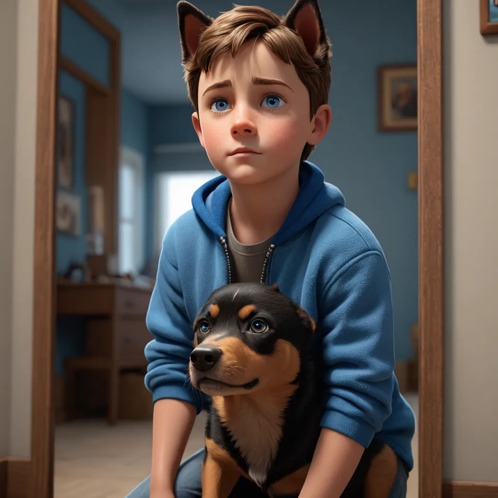 a boy sitting on a chair with a dog in his lap looking at the camera with a surprised look on his face, furry art, a poster, Aaron Jasinski, unreal engine 5 quality render